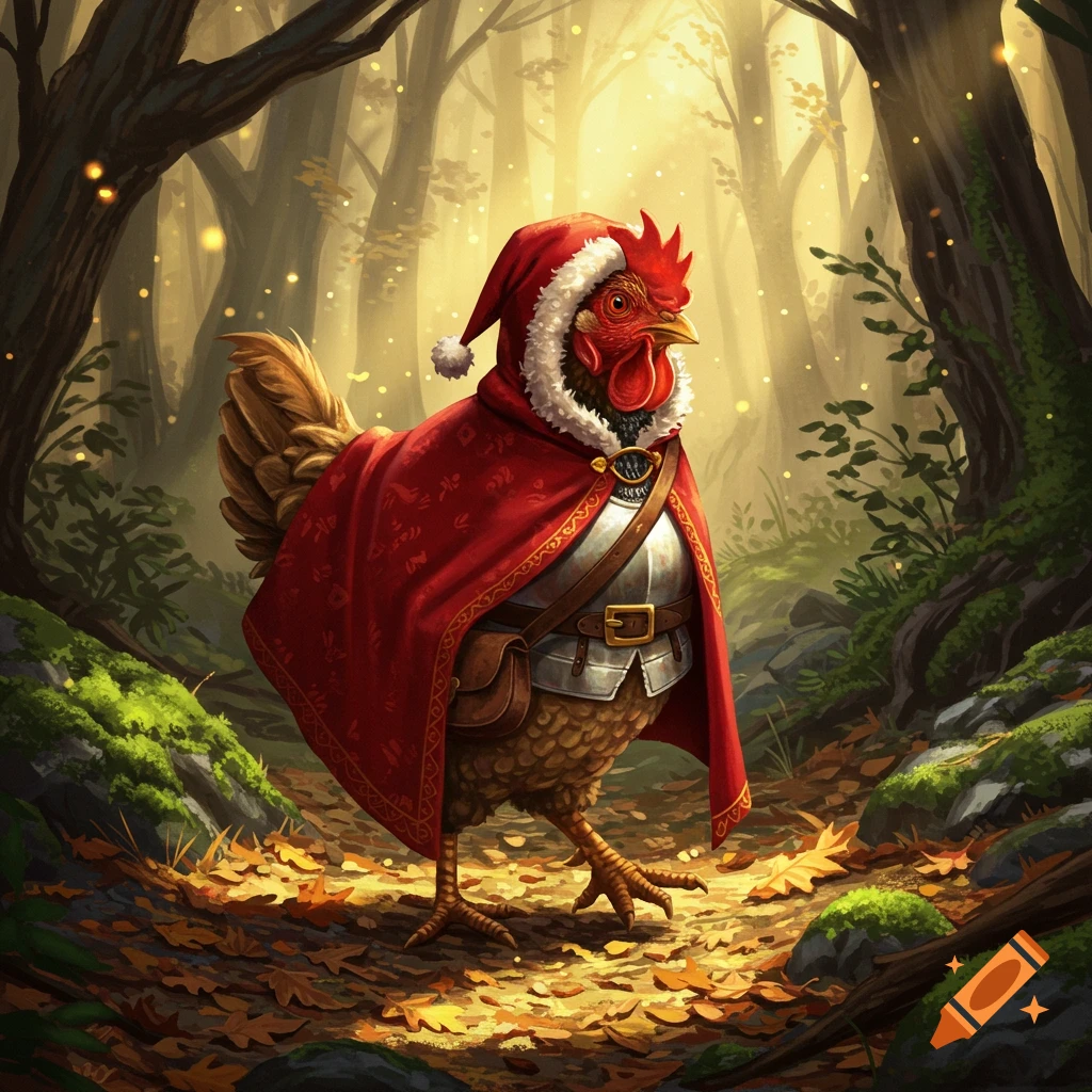 A chicken dressed as a medieval adventurer in a red cloak and Santa-like hood walks through a sunlit forest with autumn leaves.