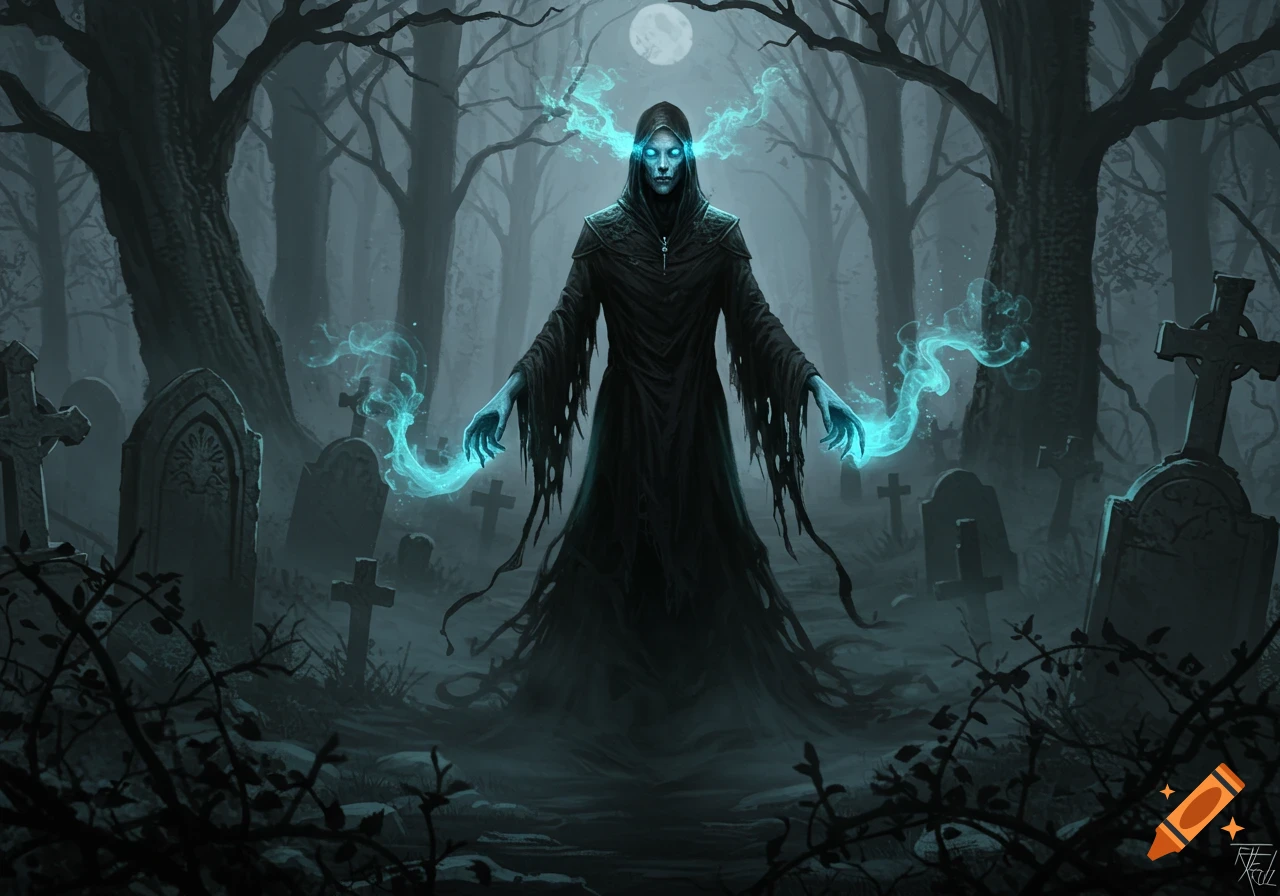 A dark cloaked figure with glowing blue eyes and hands emanates blue energy in a foggy, moonlit graveyard with trees and tombstones.