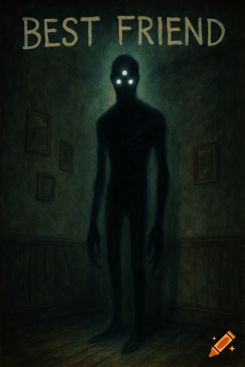 A tall, shadowy humanoid creature with three glowing eyes stands in a dark room under the words "BEST FRIEND" in a textured, horror art style.