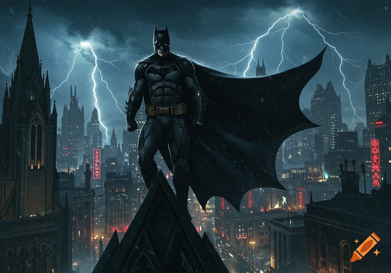 Batman stands on a gothic rooftop overlooking a dark, stormy city with lightning striking in the night sky.