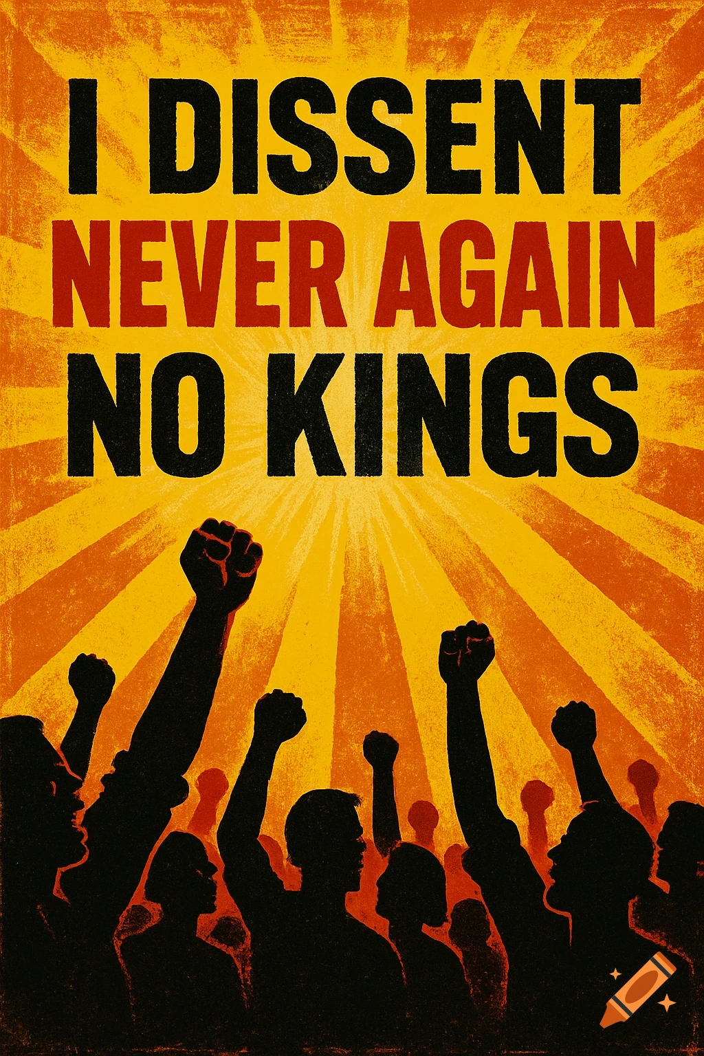 A distressed protest poster in red, yellow, and black. It reads 'I DISSENT NEVER AGAIN NO KINGS' above silhouettes of a crowd with raised fists.