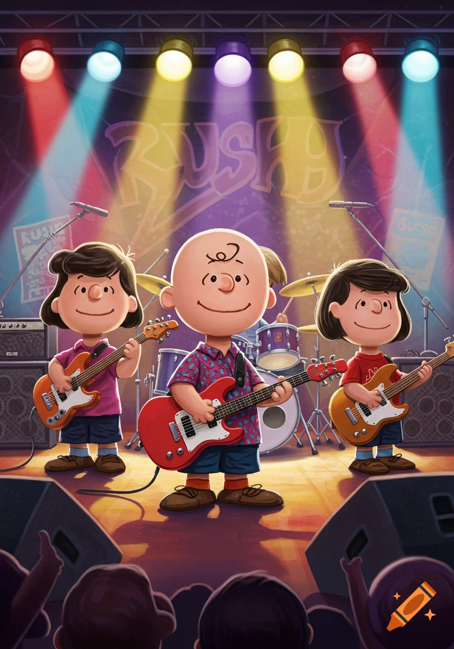 Charlie Brown and two friends, dressed as the band Rush, play electric guitars and drums on a brightly lit stage.