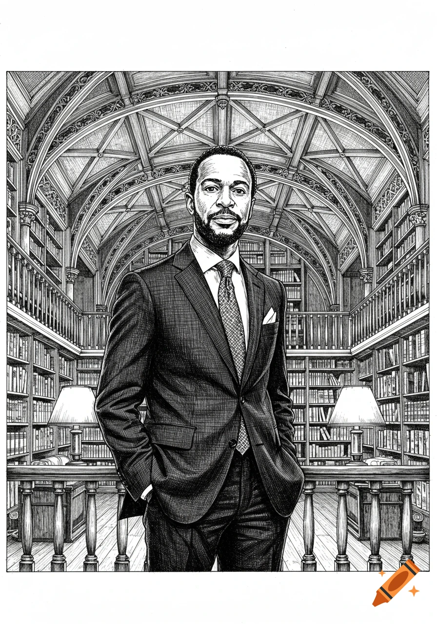 Pen and ink illustration of a man in a suit standing in a grand library with arched ceilings and bookshelves.