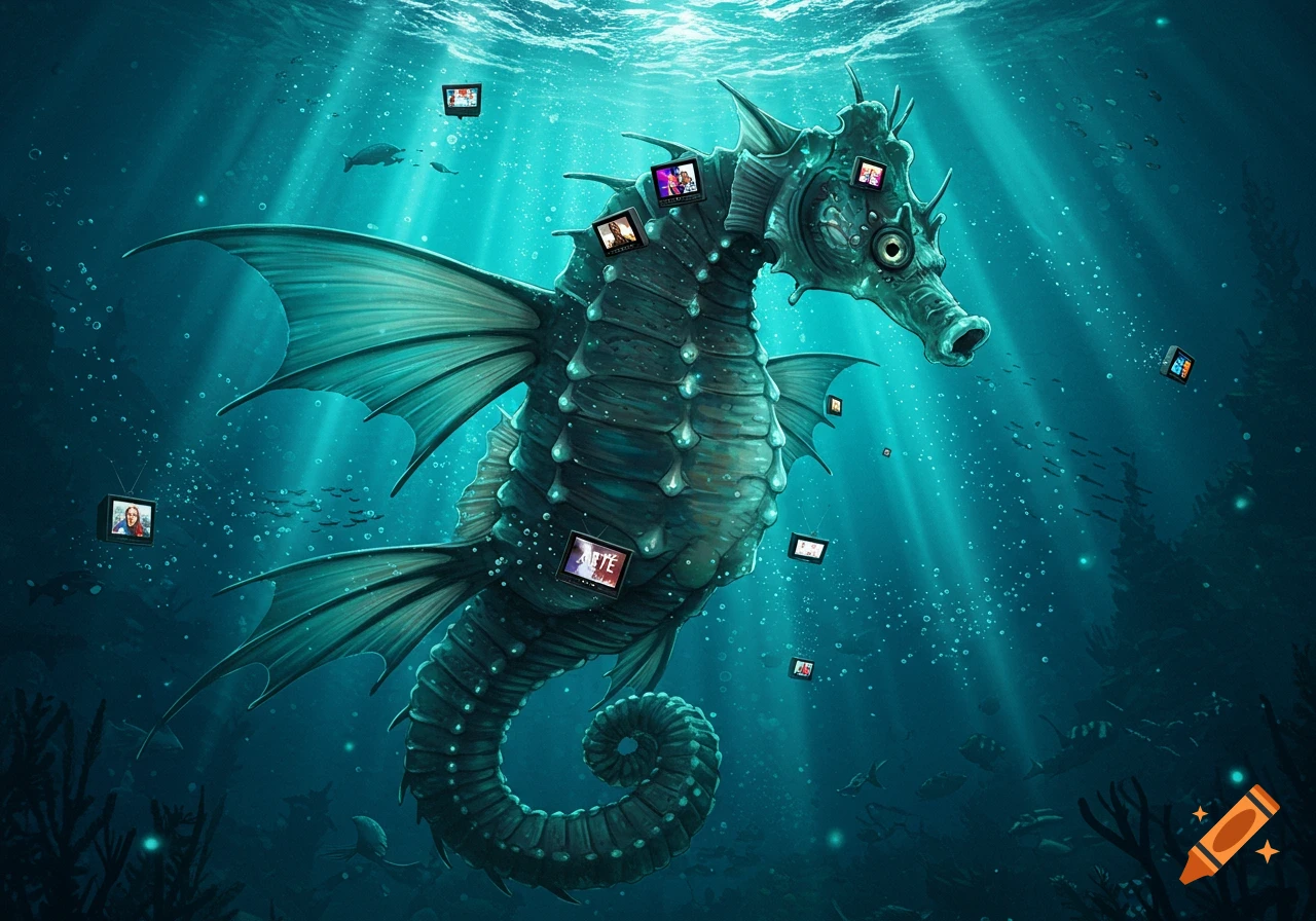 A large, fierce seahorse swims underwater, covered in small glowing television screens, some displaying the word 'ARTE'. Digital art.