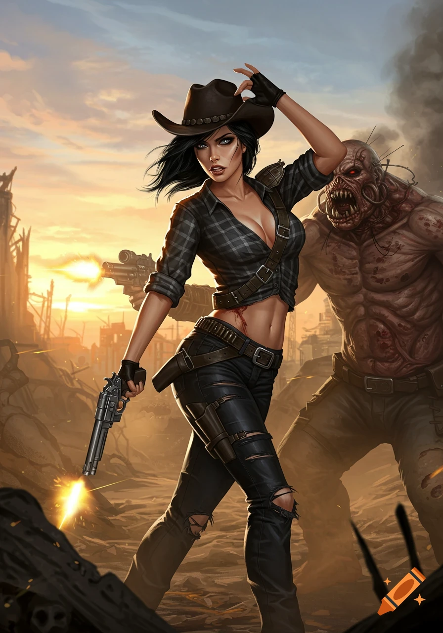 A fierce female cowboy fires a pistol at a grotesque super mutant in a desolate, post-apocalyptic wasteland at sunset, digital painting.