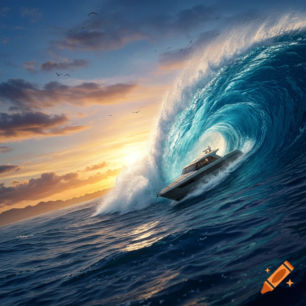 A photorealistic yacht surfs a massive breaking ocean wave at sunset, with birds flying in the sky.