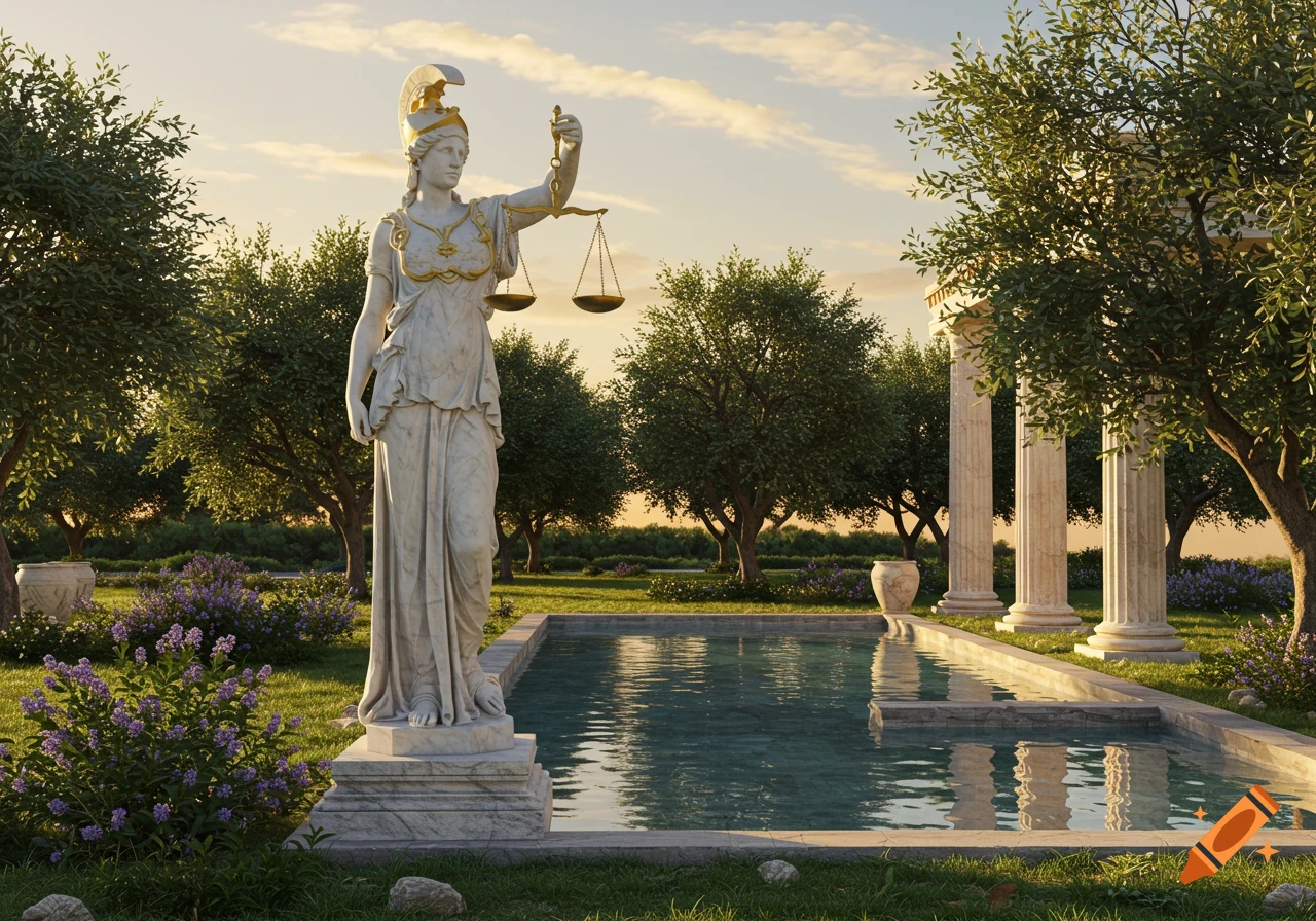 A classical marble statue of a goddess holding scales stands in a serene garden with a pool, olive trees, and ancient columns at sunset.