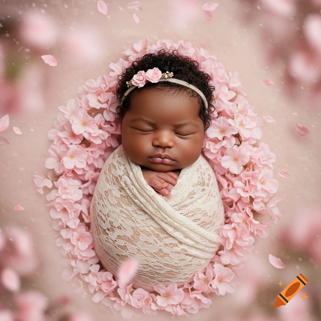 Sleeping dark-skinned newborn baby wrapped in a cream lace blanket, nestled in pink flowers with petals falling around.