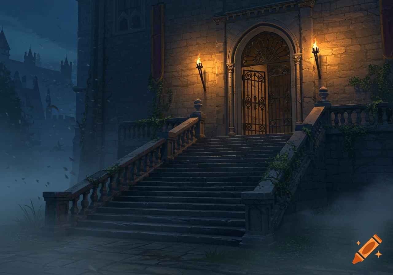 A dark, misty scene shows stone stairs leading up to an ornate gate of a castle entrance, lit by two torches, in a fantasy style.