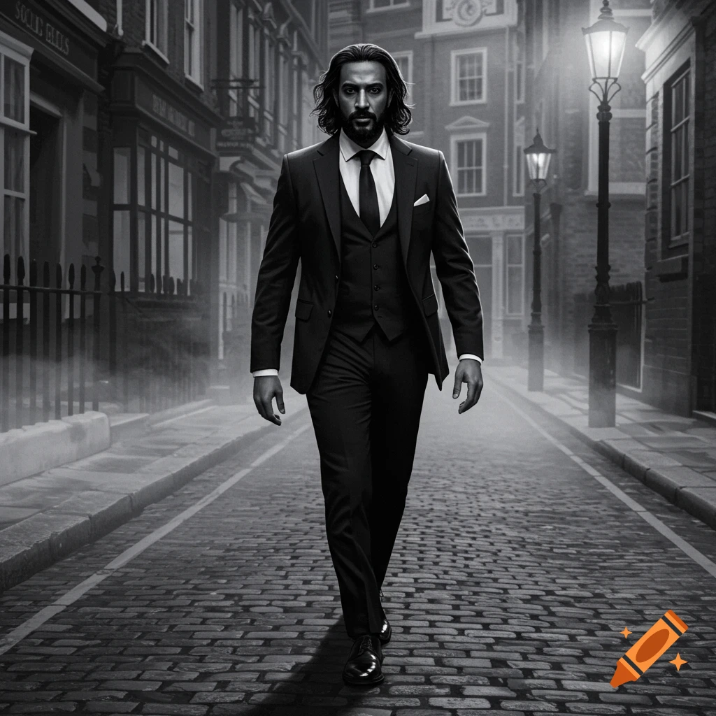 A man with long dark hair and a beard, dressed in a black suit, walks down a cobblestone street in a black and white photo.