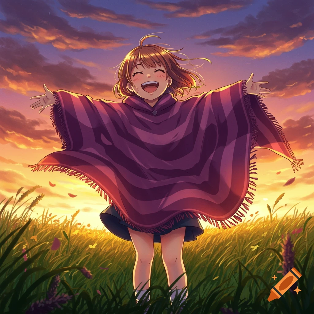 A happy anime girl in a purple striped poncho stands with open arms in a golden field at sunset.