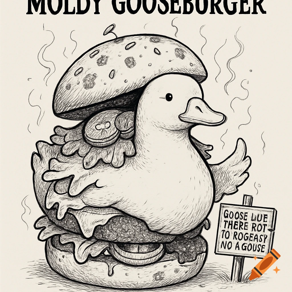 Line art drawing of a 'Moldy Gooseburger' with a goose as the patty between buns, and a sign with garbled text.