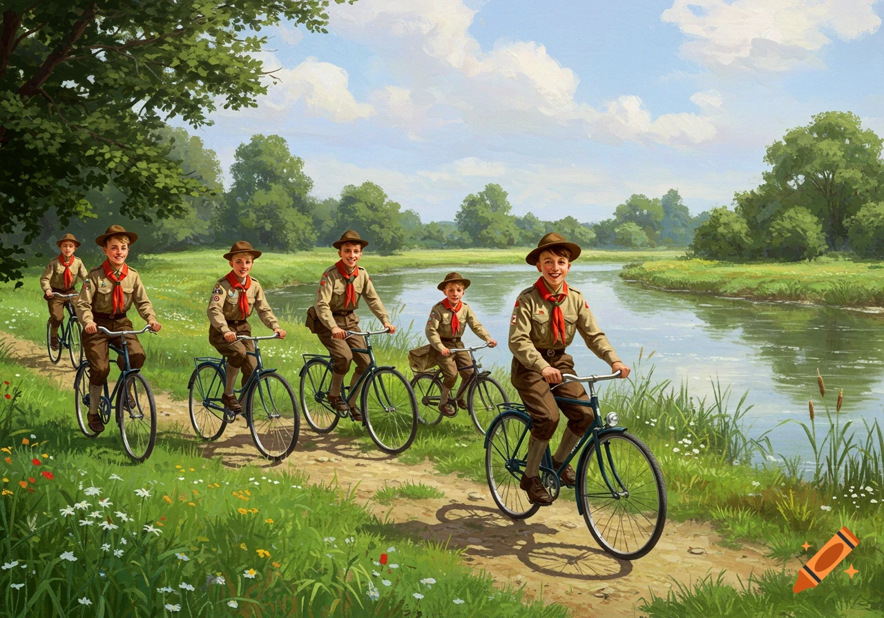 Hungarian scout boys ride bicycles on a dirt path beside a river under a blue sky, in a painterly style.