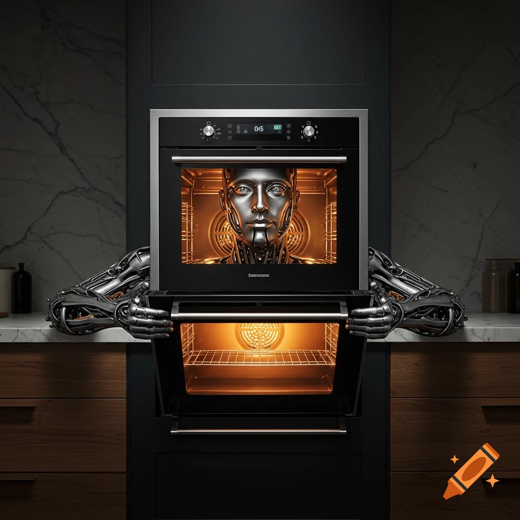 Photorealistic chrome robot head glowing inside an open oven with metallic arms in a dark kitchen.