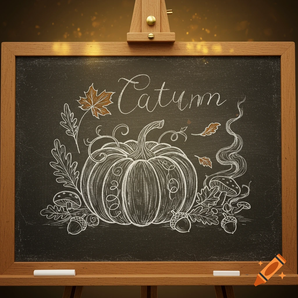Chalkboard drawing of a pumpkin, fall leaves, acorns, and mushrooms, with 'Catumn' written in script.