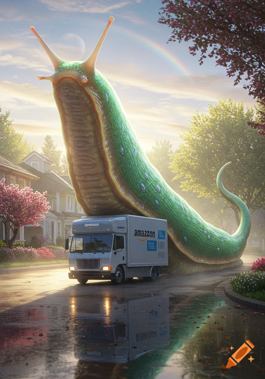 A photorealistic giant green slug, with an Amazon delivery truck on its back, moves down a wet suburban street under a rainbow.