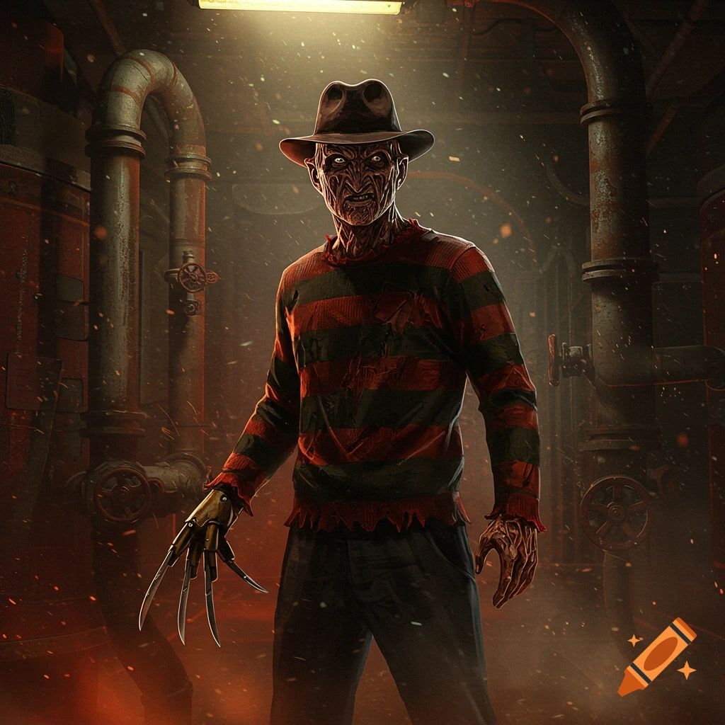 Freddy Krueger with a burned face, hat, striped sweater, and clawed glove stands in a dark, fiery industrial boiler room.