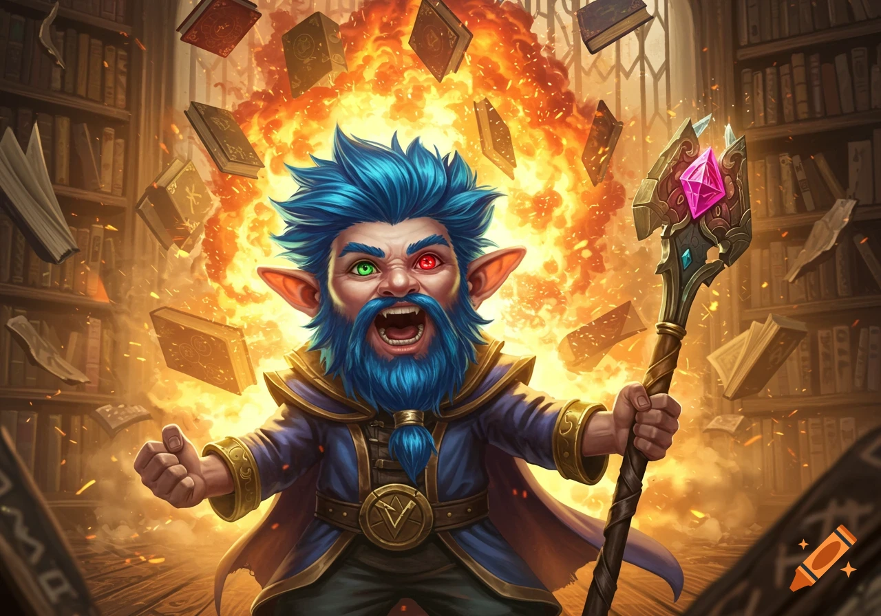 A wild-eyed gnome wizard with blue hair and beard holds a staff, screaming amidst a fiery explosion in a library with books flying around.