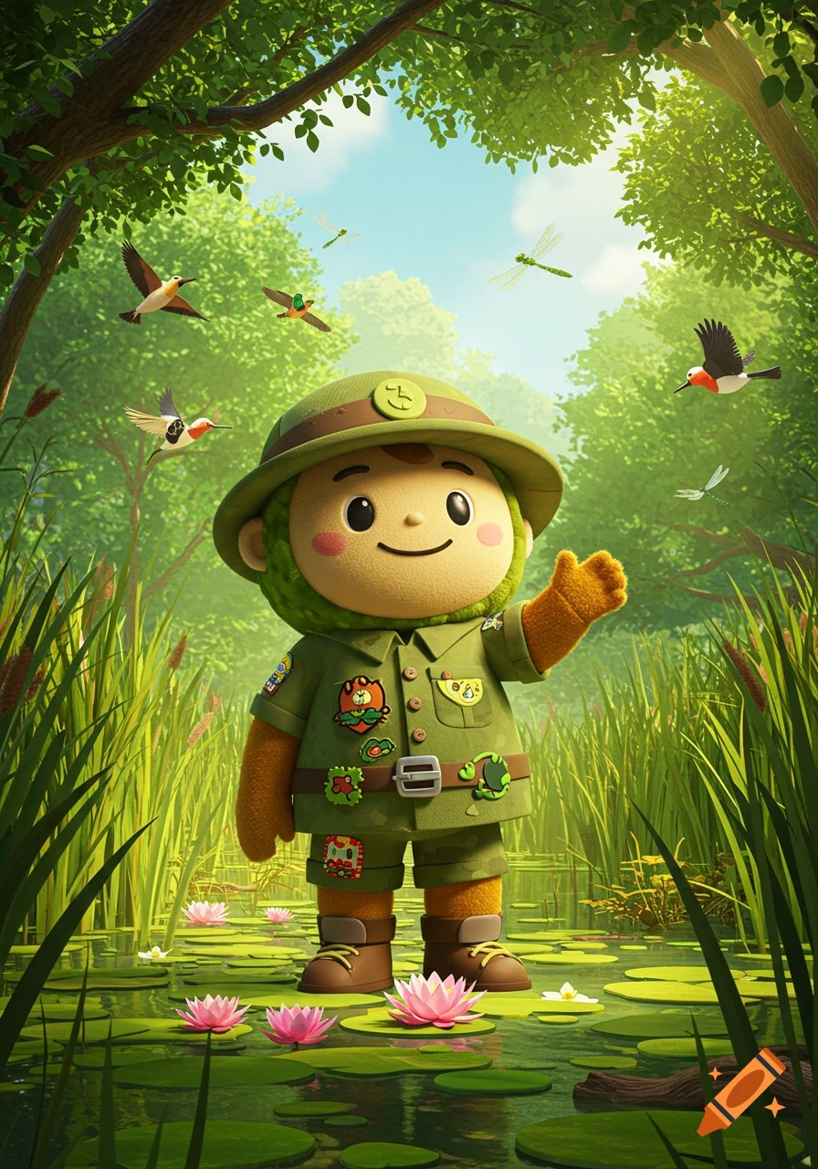 A cute green mascot in an explorer uniform waves from a vibrant wetland with water lilies, birds, and dragonflies.