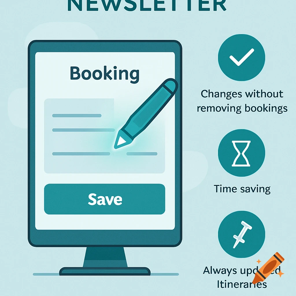 Modern flat illustration of a digital booking screen with text and three benefit icons: checkmark, hourglass, and thumbtack.