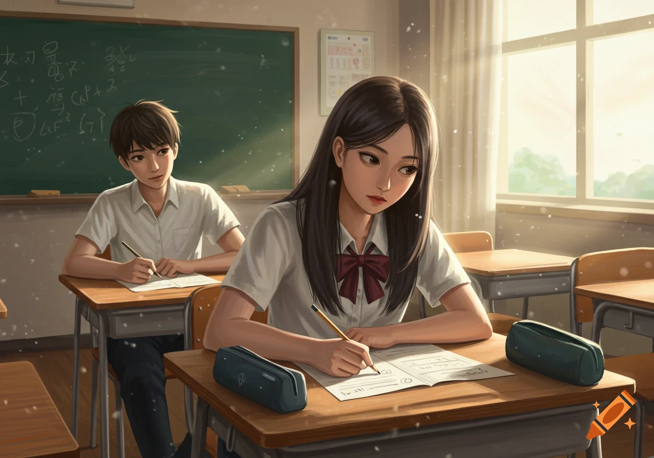 An anime-style illustration of two students, a girl and a boy, taking a test in a sunlit classroom.