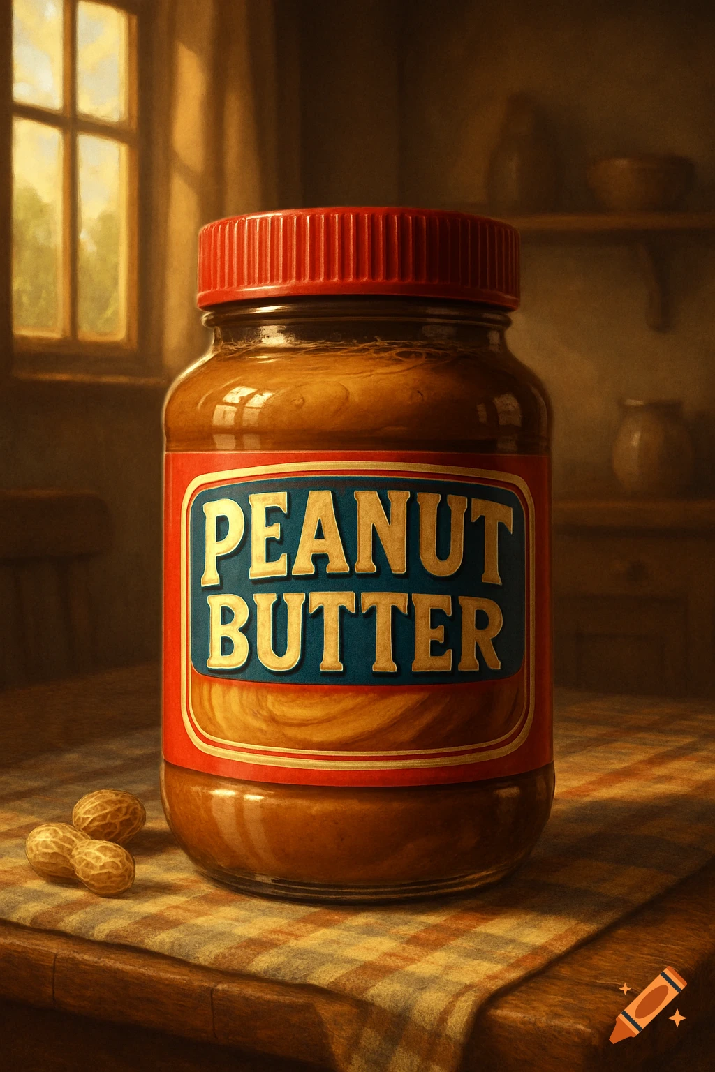 A photorealistic painting of a peanut butter jar with a red and blue label, next to two peanuts, on a wooden table with a checkered cloth.