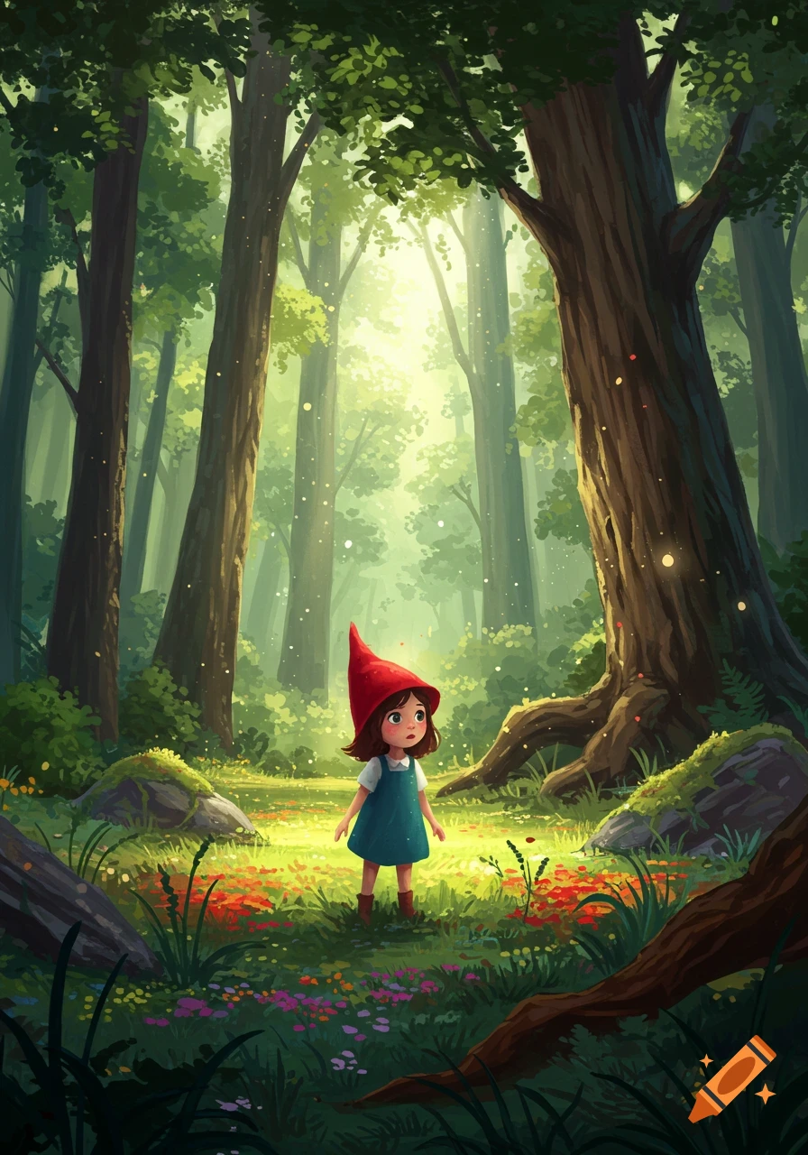 A whimsical illustration of a small child in a red hat and blue dress standing in a sunlit, magical forest with glowing specks.
