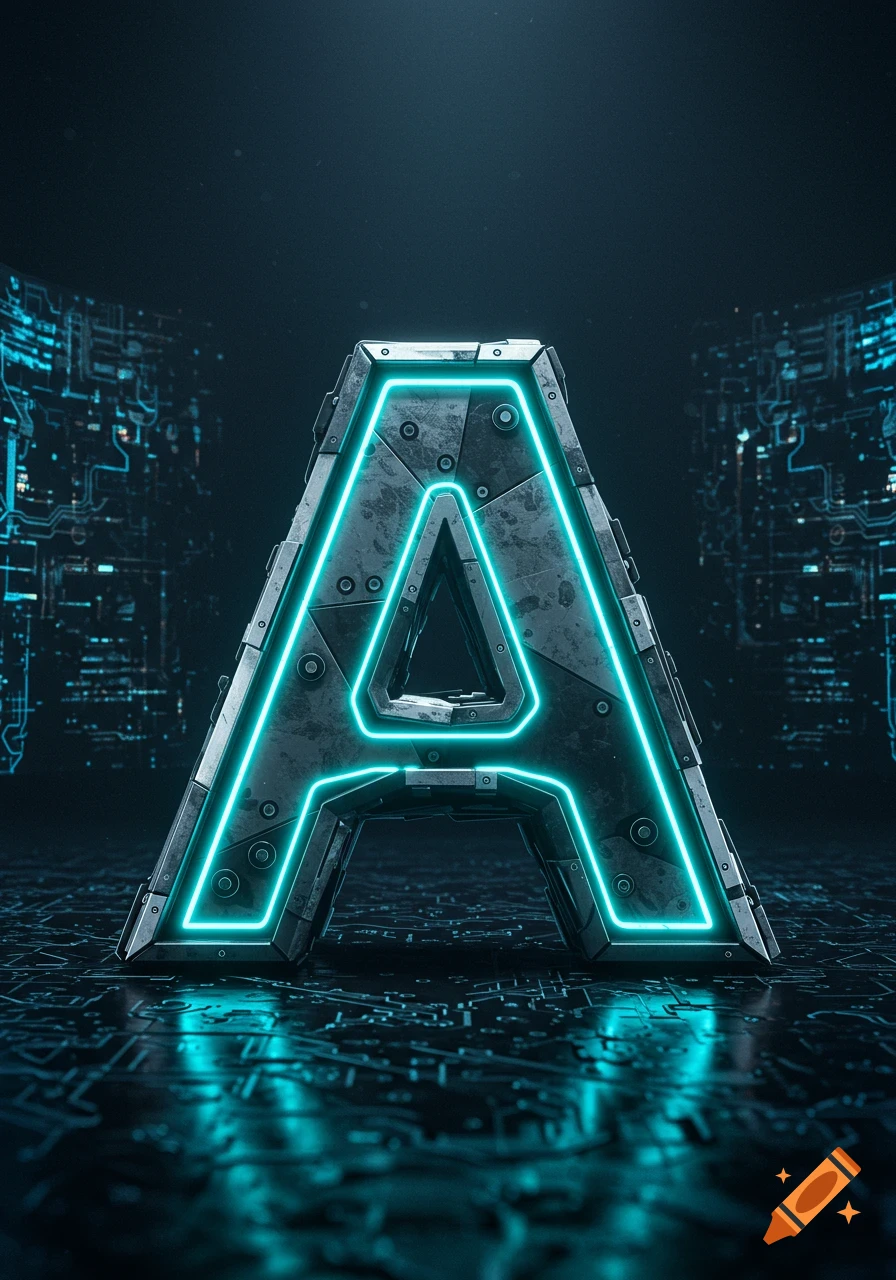 Futuristic metallic letter 'A' with a neon blue glow on a dark, circuit-board background.