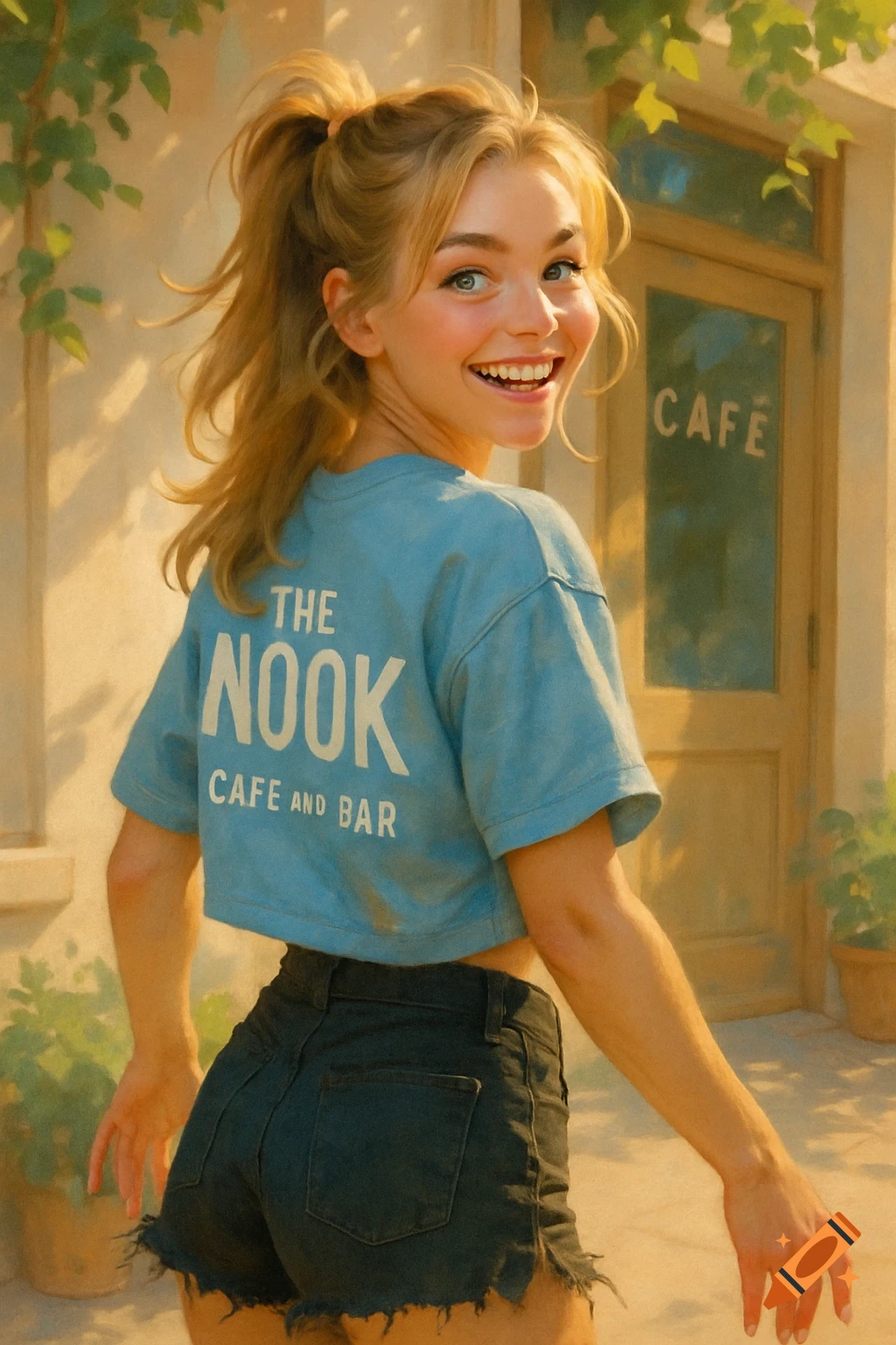 A young blonde woman in a blue crop top and black shorts smiles over her shoulder, standing outside a cafe.