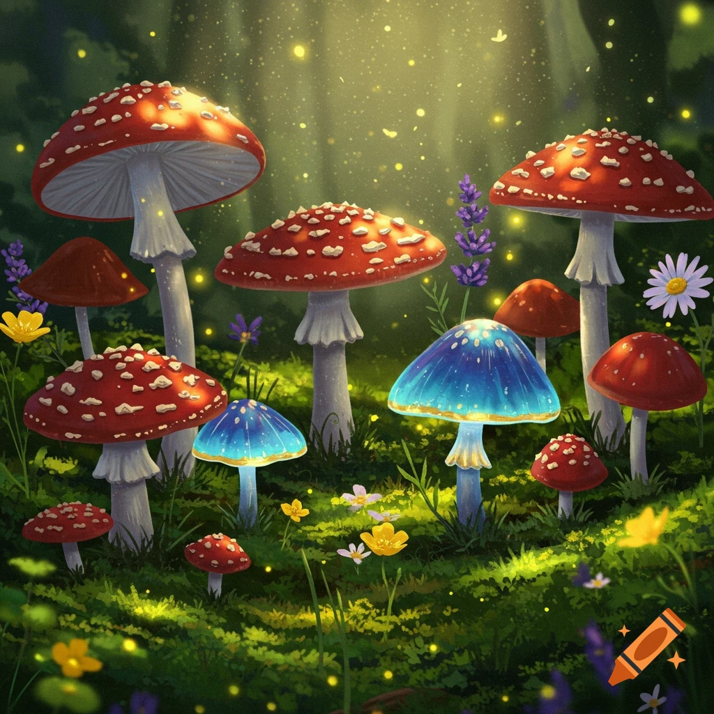 A vibrant, magical forest floor with various red and blue glowing mushrooms, colorful wildflowers, and glowing particles, illuminated by sunbeams.