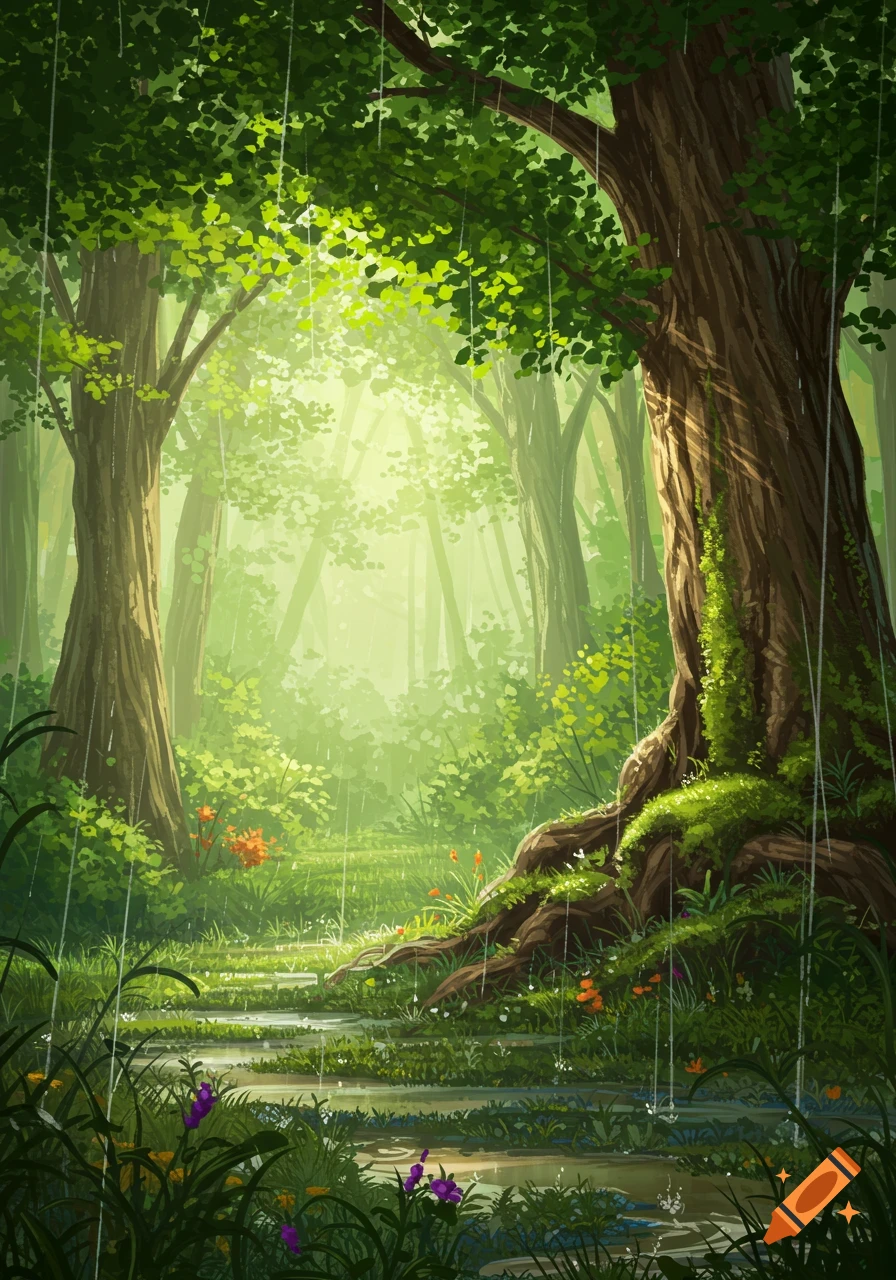 Stylized illustration of a vibrant, rainy forest with large trees, lush green foliage, and bright light reflecting in puddles.