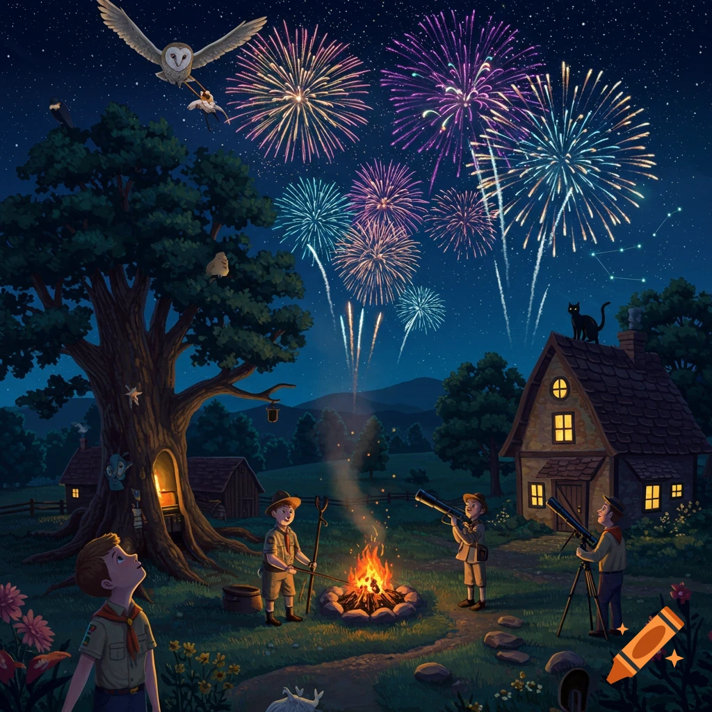 Whimsical night illustration of children by a campfire watching fireworks, an owl flying, and a cat on a cottage roof.