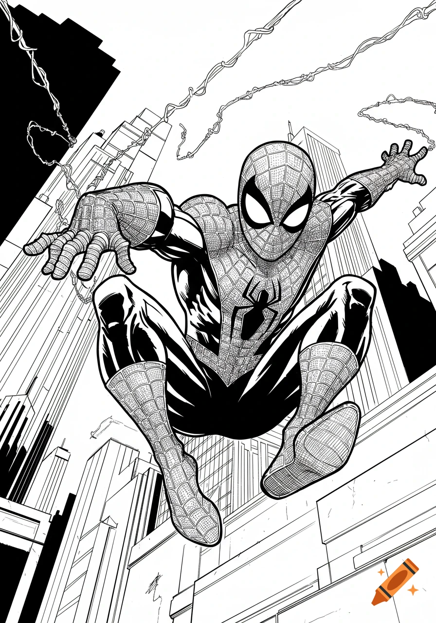 Black and white comic line art of Spider-Man crouching mid-air between city buildings, web lines trailing.