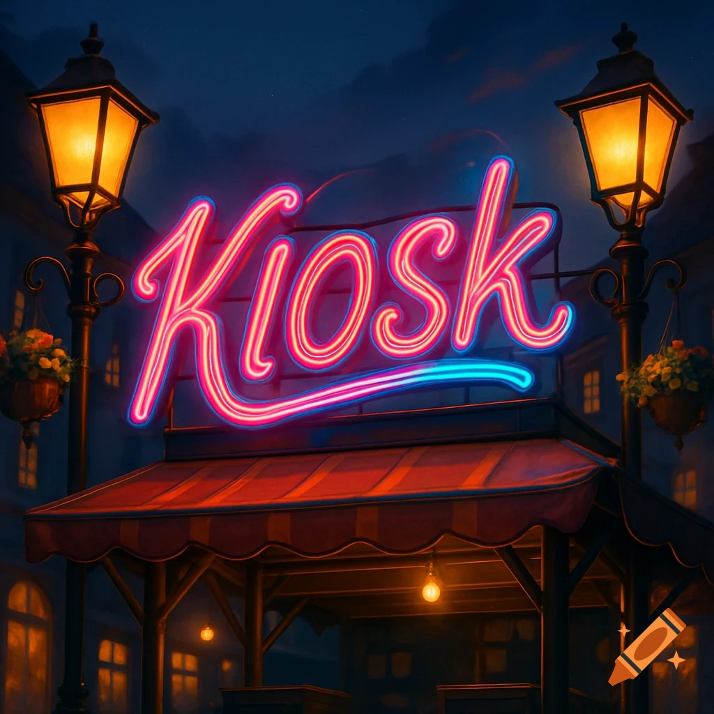 Vibrant neon sign spelling 'Kiosk' above a street stall, flanked by glowing street lamps at night.