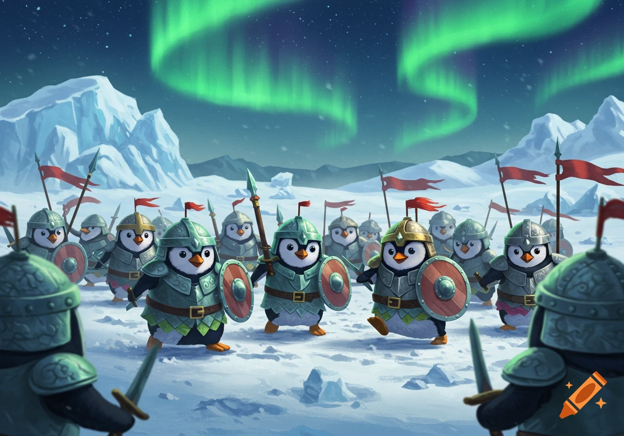 A cartoon army of penguins in medieval armor stands on a snowy plain under the green aurora borealis.