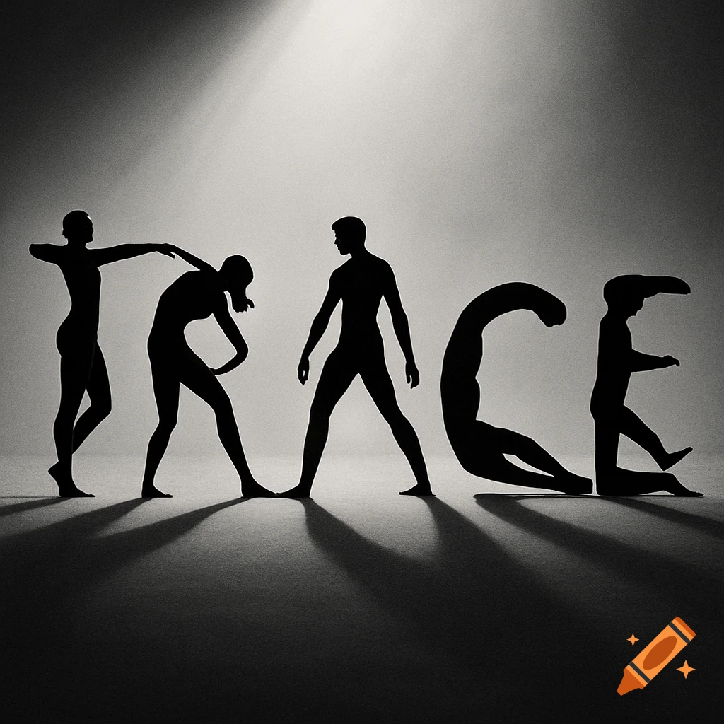 Black and white conceptual art featuring human silhouettes forming the word 'TRACE' with dramatic lighting.