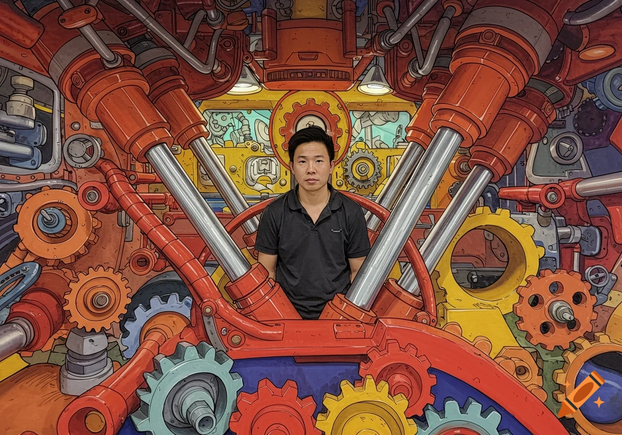 A man in a black polo shirt stands against a vibrant, intricate cartoon background of red hydraulic cylinders and colorful gears.