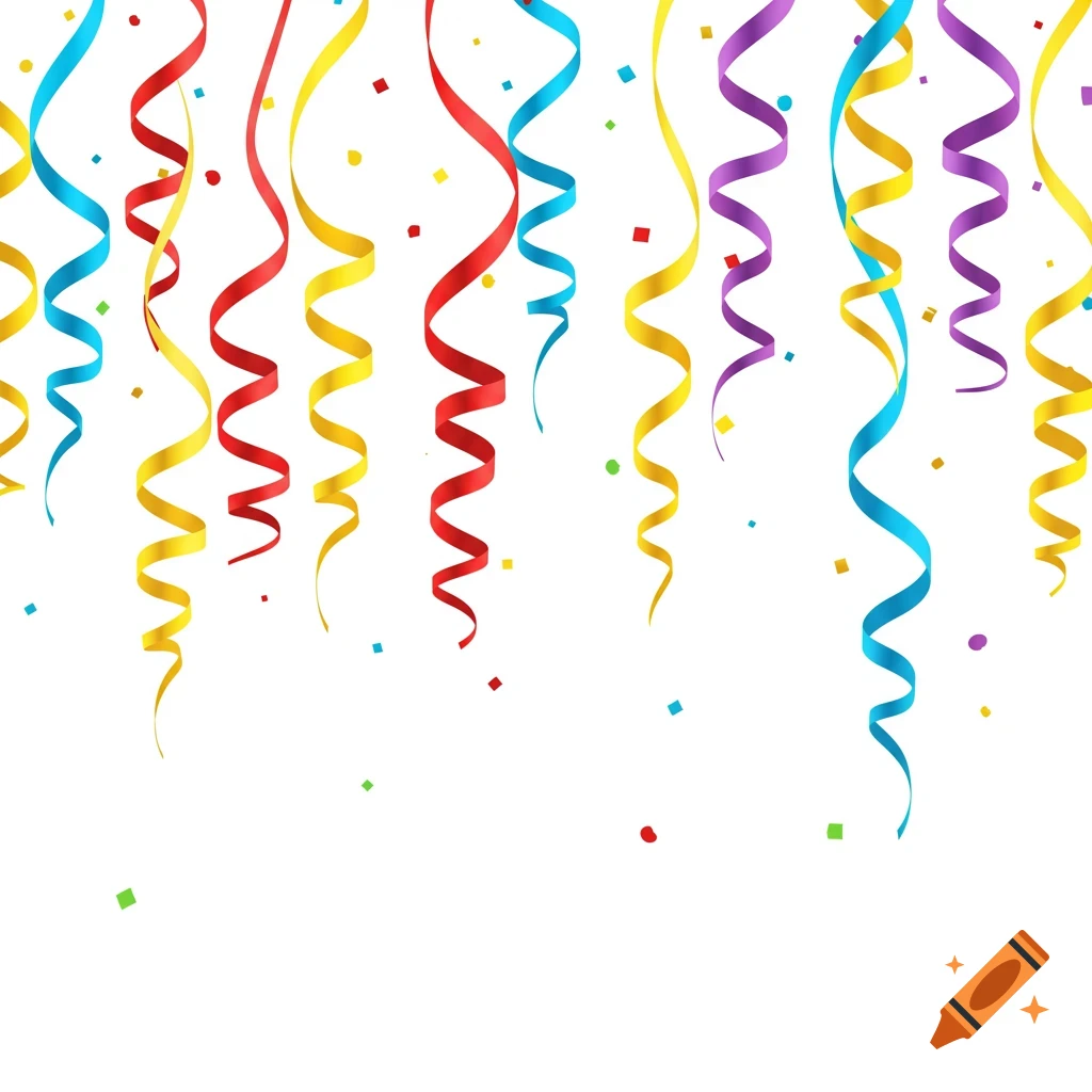 Colorful red, yellow, blue, and purple party streamers and confetti falling against a white background.