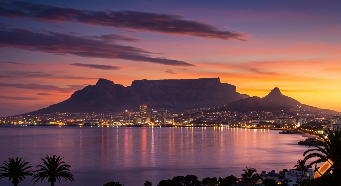 Vibrant sunset over a city skyline and Table Mountain, with reflections in the water.