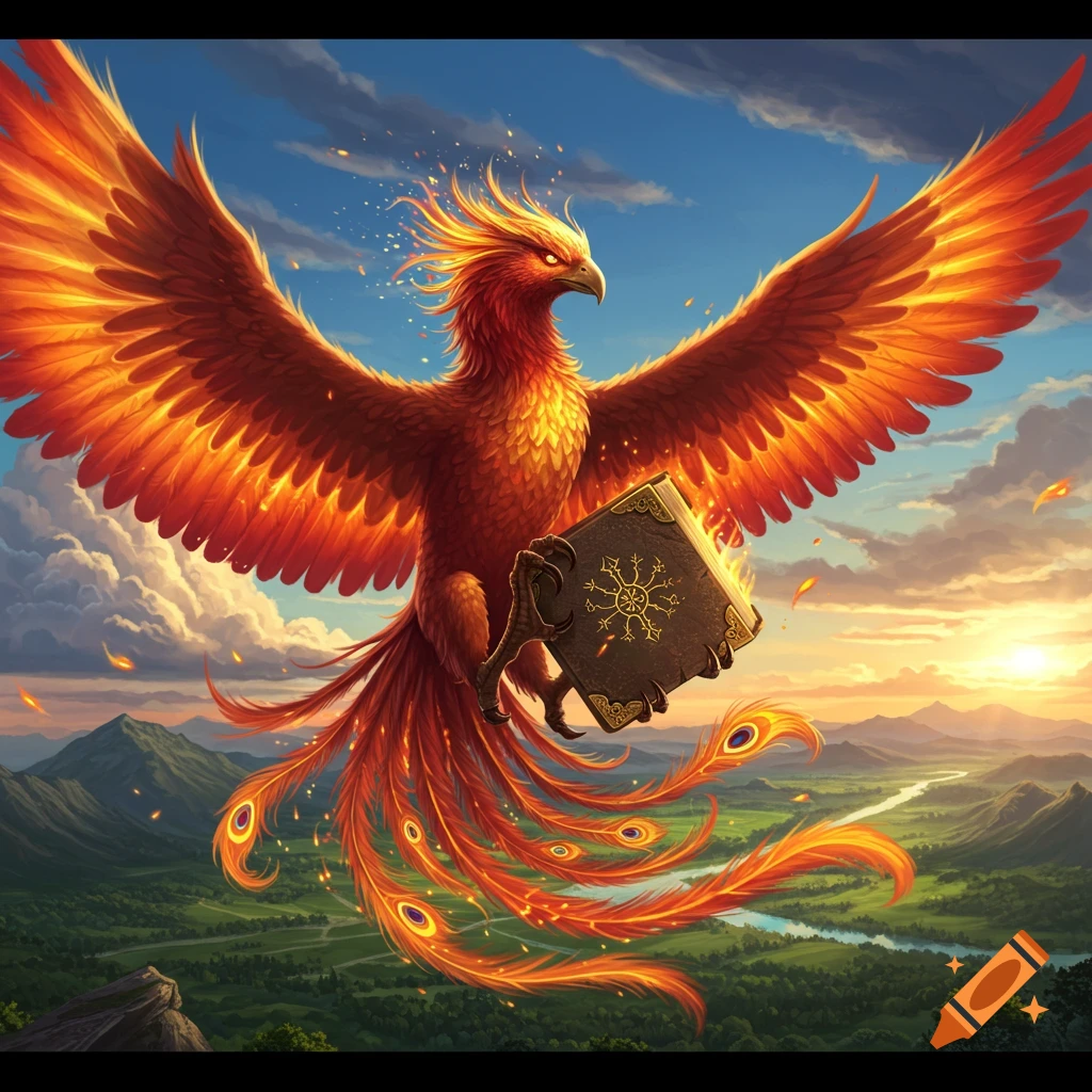 A majestic fiery phoenix with outstretched wings holds an ancient book with a glowing symbol, flying over a lush green valley at sunset.