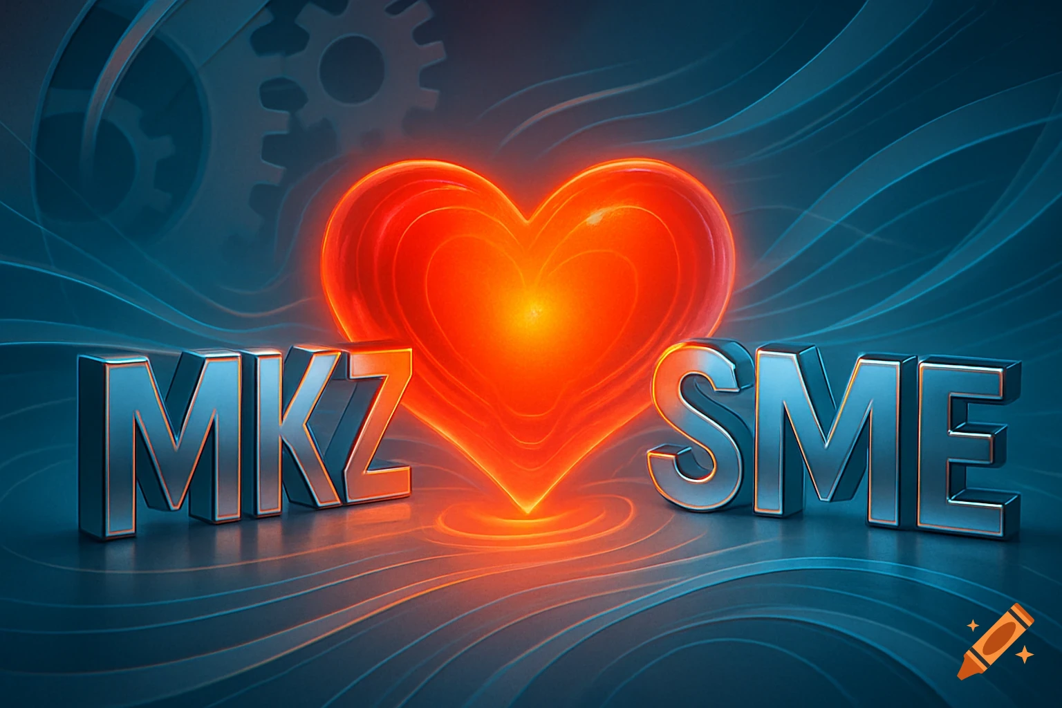 A glowing red heart centered between metallic 3D letters "MKZ" and "SME" on a dark blue abstract background with wavy lines.