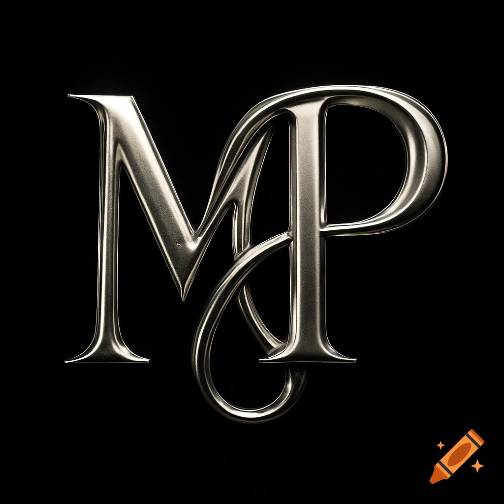 Intertwined silver metallic letters M and P against a black background.