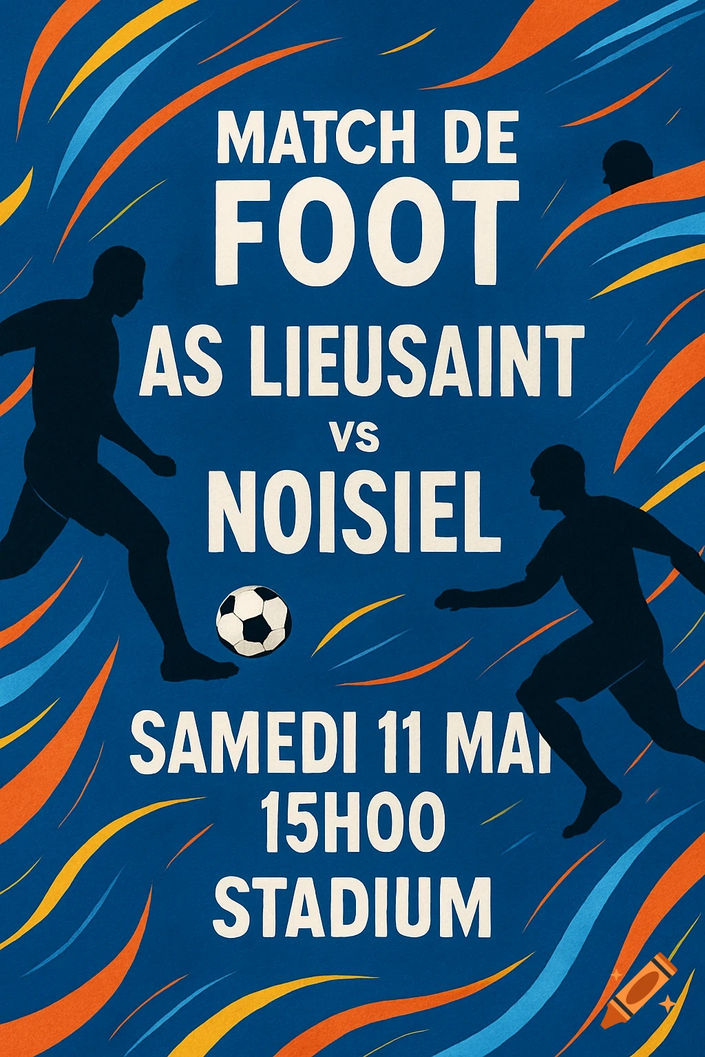Football match poster with player silhouettes, a ball, and text 'MATCH DE FOOT AS LIEUSAINT vs NOISIEL' on a blue background.