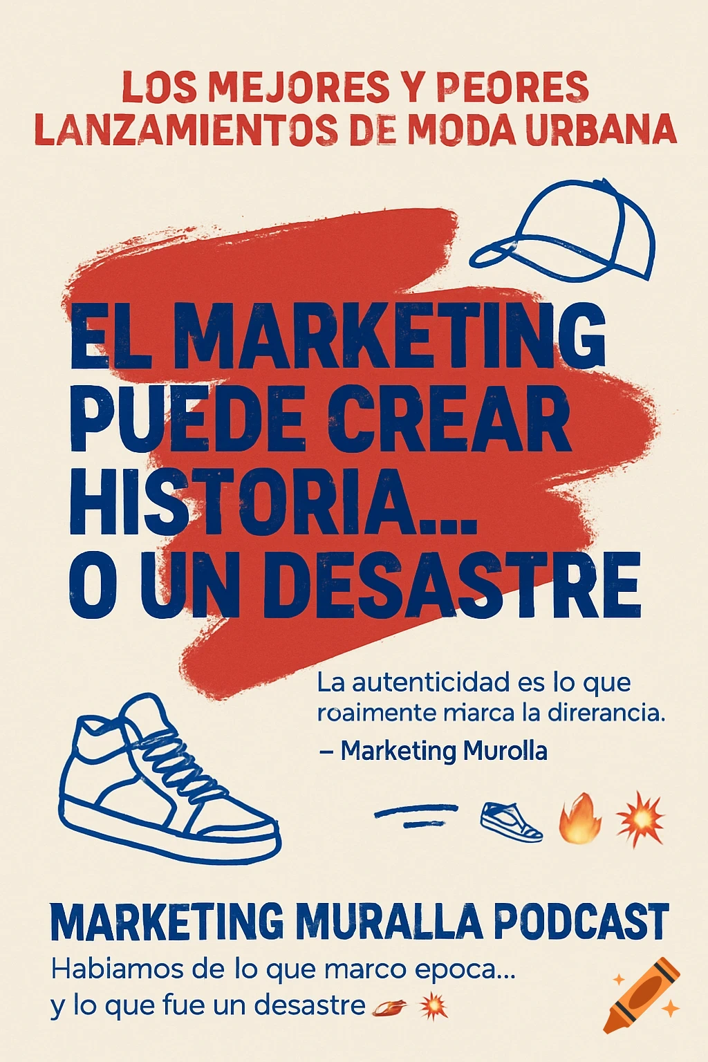 A beige podcast cover for 'Marketing Muralla Podcast' with a red brush stroke and blue text 'El marketing puede crear historia... o un desastre'. Includes line art of a cap and a sneaker.