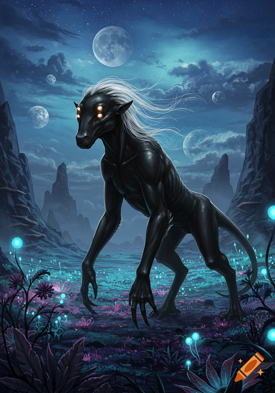 A black, horse-like alien with four glowing eyes and white hair stands in a blue, alien landscape with glowing plants and multiple moons.