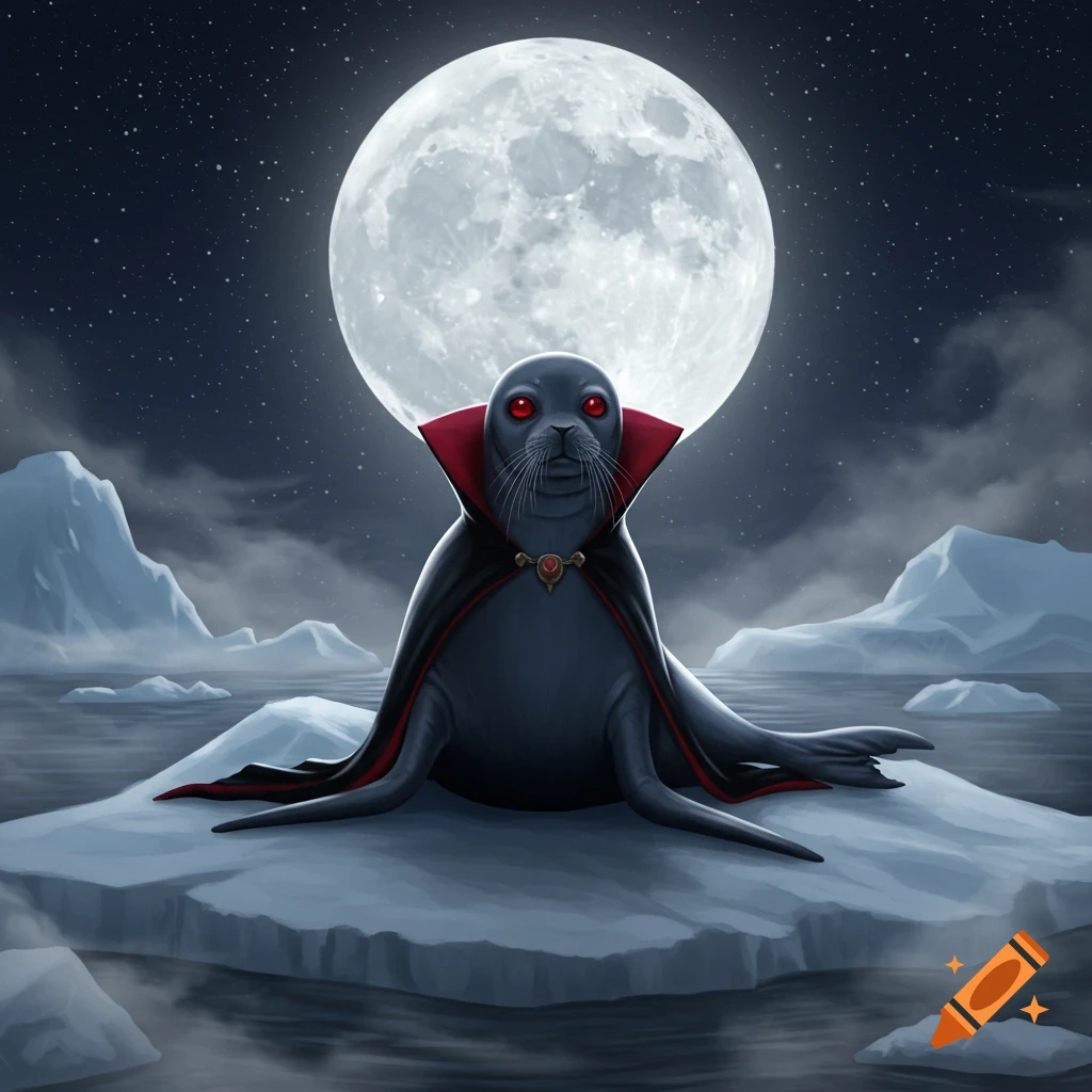 A dark grey vampire seal with glowing red eyes and a black and red cape sits on an ice floe under a large full moon at night.