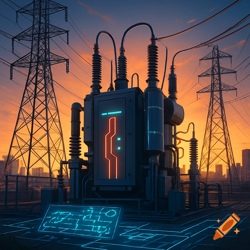 A futuristic power transformer with glowing neon elements stands on a rooftop, connected to large power lines, against a sunset cityscape.