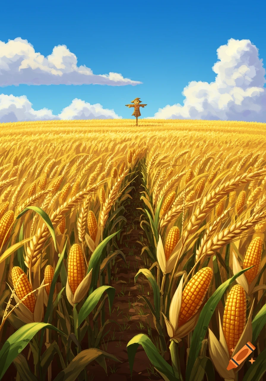 A scarecrow stands in a vast field of golden wheat and corn under a bright blue sky with white clouds, illustrated.