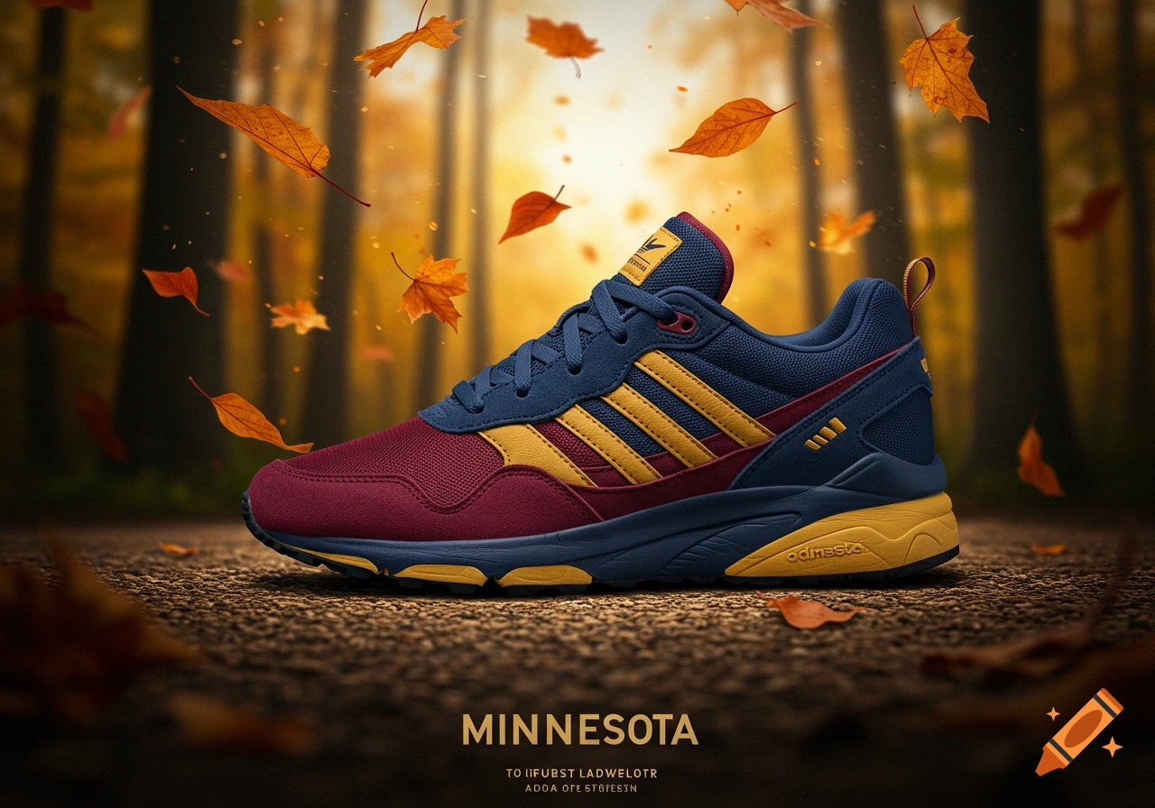A dark blue and maroon athletic shoe with yellow stripes and sole sits on a dirt path, surrounded by falling autumn leaves in a sunlit forest.