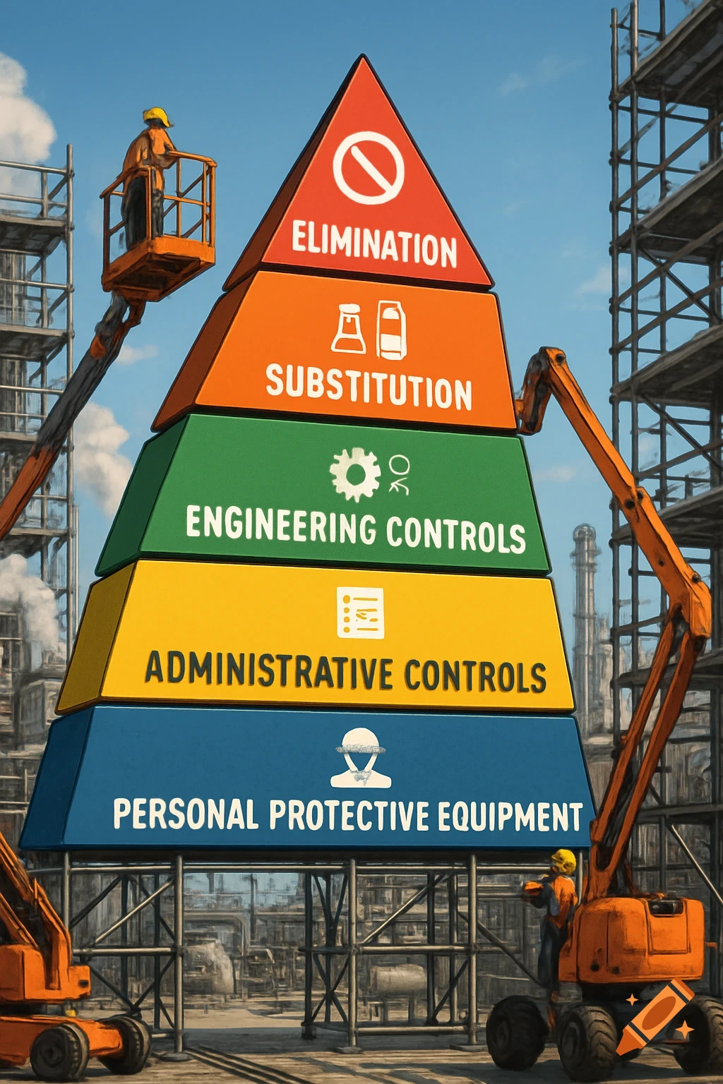 A colorful hierarchy of hazard control pyramid on a construction site with workers on lifts.